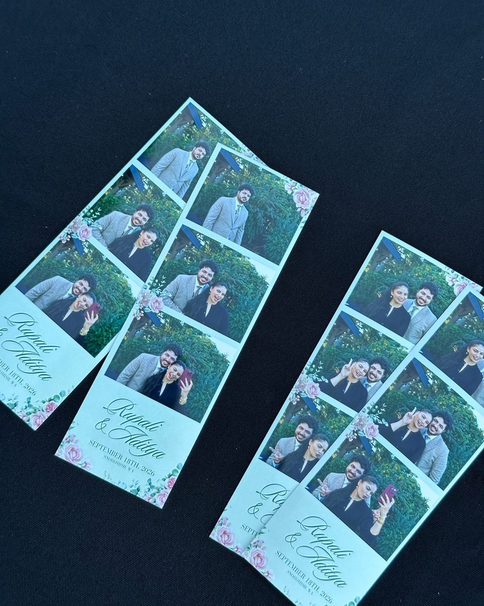 Three printed photo strips from a wedding laid on a black surface
